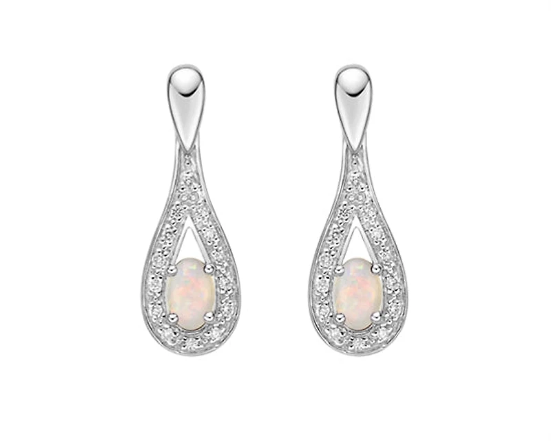 10K White Gold 5x3mm Oval Cut White Opal and 0.115cttw Diamond Dangle Earrings with Butterfly Backings
