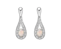 10K White Gold 5x3mm Oval Cut White Opal and 0.115cttw Diamond Dangle Earrings with Butterfly Backings