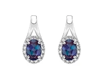 10K Gold 6x4mm Oval Cut Created Alexandrite and 0.11cttw Diamond Halo Earrings with Leverbacks