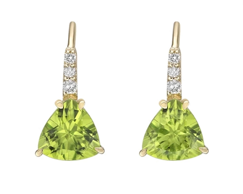 10K Yellow Gold 6mm Trillion Cut Peridot and 0.065cttw Diamond Dangle Earrings with Leverbacks