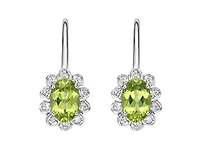 10K White Gold 6x4mm Oval Cut Peridot and 0.08cttw Diamond Scallop Halo Dangle Earrings with Leverbacks