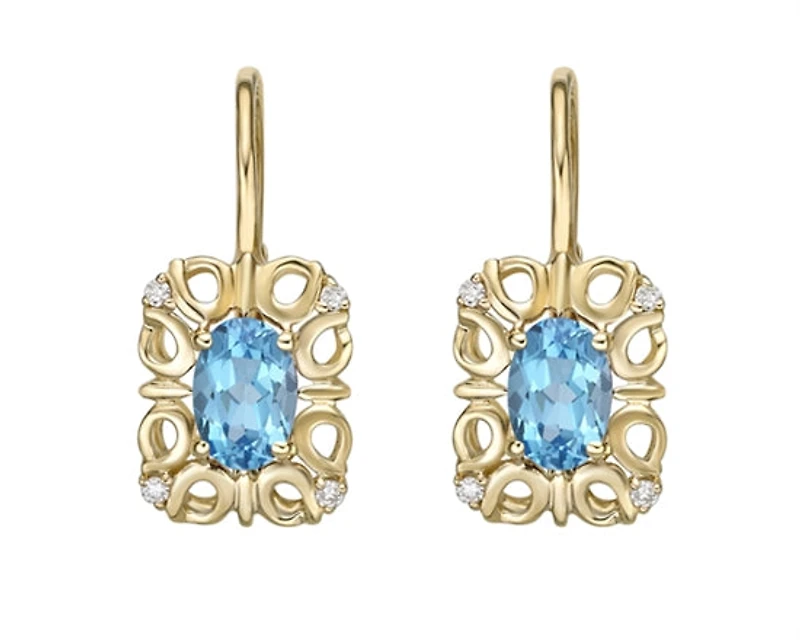 10K Yellow Gold 6x4mm Oval Cut Swiss Blue Topaz and 0.045cttw Diamond Dangle Earrings