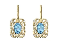 10K Yellow Gold 6x4mm Oval Cut Swiss Blue Topaz and 0.045cttw Diamond Dangle Earrings