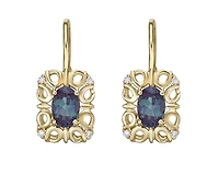 10K Gold 6x4mm Oval Cut Created Alexandrite and 0.045cttw Diamond Dangle Earrings with Euro Backs