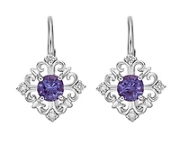 10K Gold 4mm Round Cut Created Alexandrite and 0.10cttw Diamond Dangle Earrings with Leverbacks