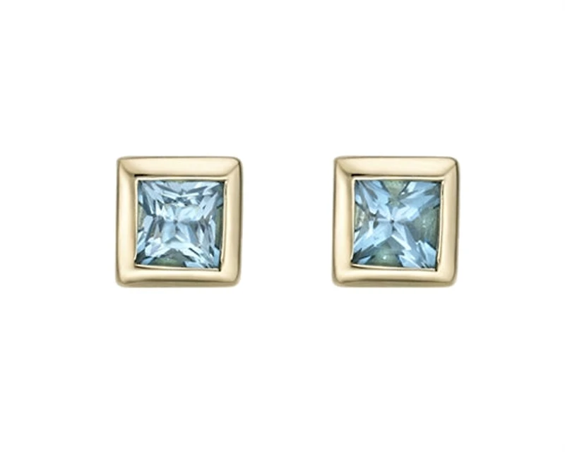 10K Yellow Gold 3mm Blue Topaz Princess Cut Bezel Set Earrings