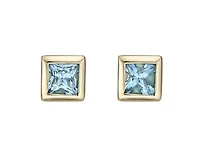 10K Yellow Gold 3mm Blue Topaz Princess Cut Bezel Set Earrings