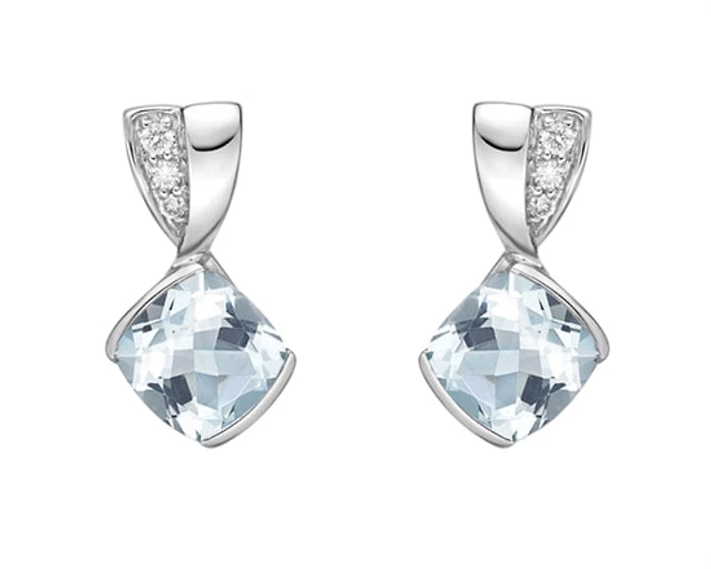 10K White Gold 6.0mm Cushion Cut  Aquamarine and 0.051cttw Diamond Dangle Earrings
