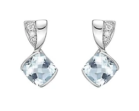 10K White Gold 6.0mm Cushion Cut  Aquamarine and 0.051cttw Diamond Dangle Earrings