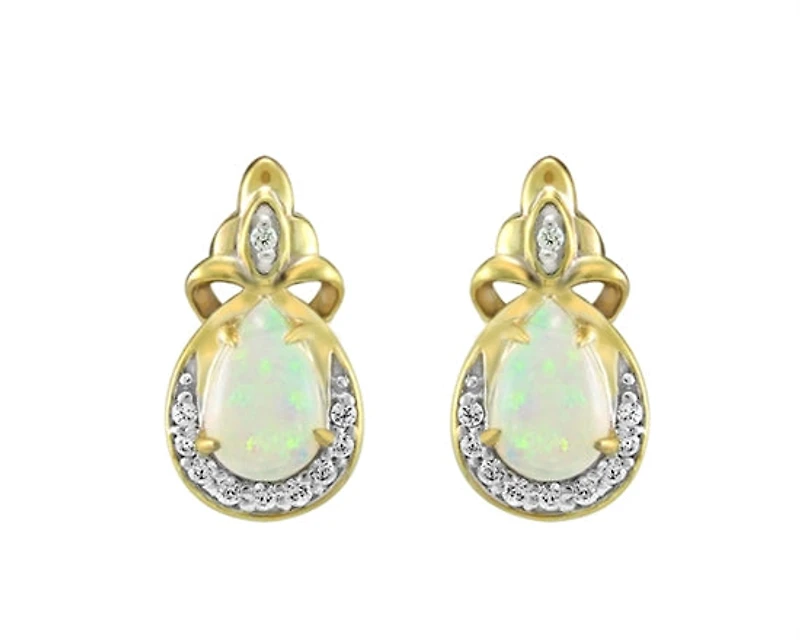 10K Yellow Gold 6x4mm Pear Cut White Opal and 0.09cttw Diamond Earrings with Butterfly Backings