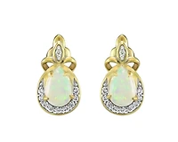 10K Yellow Gold 6x4mm Pear Cut White Opal and 0.09cttw Diamond Earrings with Butterfly Backings