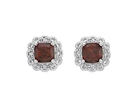 10K White Gold 4mm Cushion Cut Garnet and 0.026cttw Diamond Scallop Halo Stud Earrings with Butterfly Backings