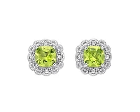 10K White Gold 4mm Cushion Cut Peridot and 0.026cttw Diamond Halo Stud Earrings with Butterfly Backings