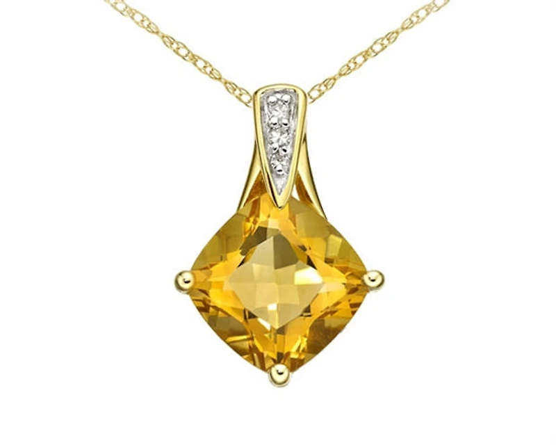 Yellow Gold 8mm Cushion Cut Citrine and 0.021cttw Diamond Pendant - 18 Inches