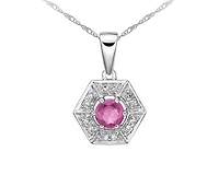 10K White Gold 3.80mm Round Cut Pink Sapphire and 0.05cttw Diamond Halo Pendant - 18 inches