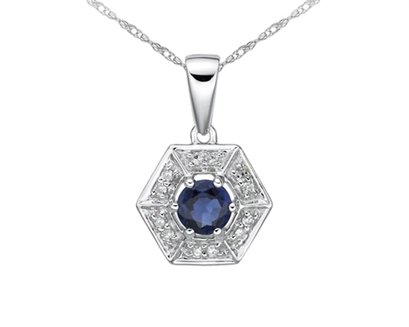 10K White Gold 3.80mm Round Cut Sapphire and 0.05cttw Diamond Halo Pendant - 18 inches