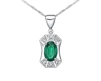 10K White Gold 6x4mm Oval Cut Emerald and 0.03cttw Diamond Pendant - 18 inches
