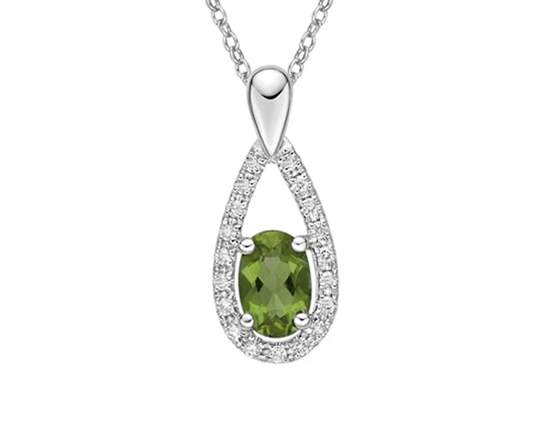10K White Gold 7x5mm Oval Cut Peridot and 0.11cttw Diamond Halo Pendant - 18 inches