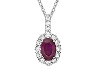 14K White Gold 6x4mm Oval Cut Ruby and 0.265cttw Diamond Halo Pendant  - 18 Inches