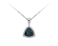 10K White Gold 8mm Trillion Cut London Blue Topaz and 0.13cttw Diamond Halo Necklace, 18"