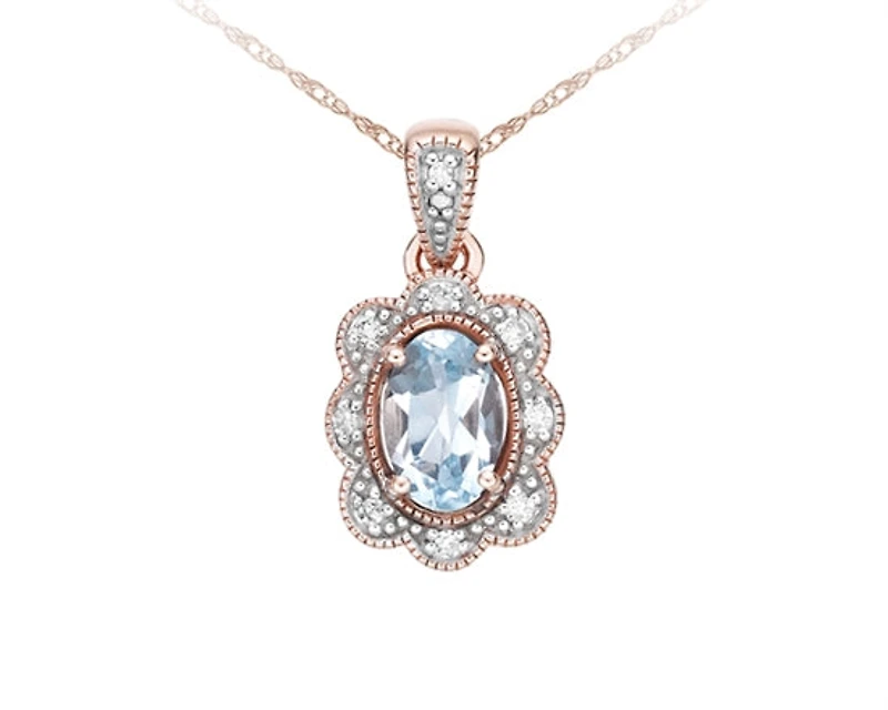 10K Rose Gold 6x4mm Oval Cut Sky Blue Topaz and 0.04cttw Diamond Necklace - 18 Inches