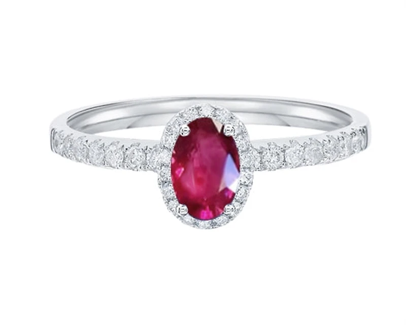 14K White Gold 6x4mm Oval Cut Ruby and 0.25cttw Diamond Halo Ring - Size 7