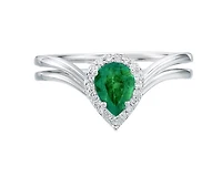 14K White Gold 7x5mm Pear Cut Emerald and 0.10cttw Diamond Halo Ring - Size 7