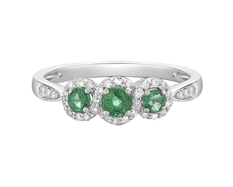 14K White Gold 3.50mm and 2.80mm Round Cut Emerald and 0.18cttw Diamond Halo Ring - Size 7