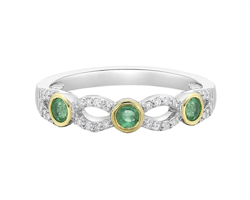 14K White Gold 2.80mm Round Cut Emerald and 0.10cttw Diamond Ring - Size 7