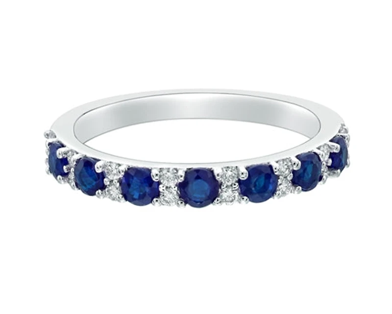 10K White Gold 2.70mm Round Cut Sapphire and 0.155cttw Diamond Ring - Size 7