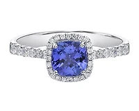 14K White Gold 6mm Cushion Cut Tanzanite and 0.35cttw Diamond Halo Ring - Size 7