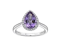 10K White Gold 10x7mm Pear Cut Amethyst and 0.135cttw Diamond Halo Ring, size 7