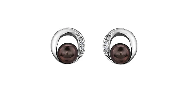 10K White Gold Black Pearl & Diamond Earring