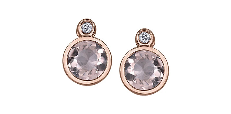 10K Two Tone Rose and White Gold 5mm Morganite and 0.02cttw Diamond Stud Earrings.