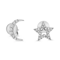 14K White Gold 0.12cttw Diamond Moon and Star Stud Earring