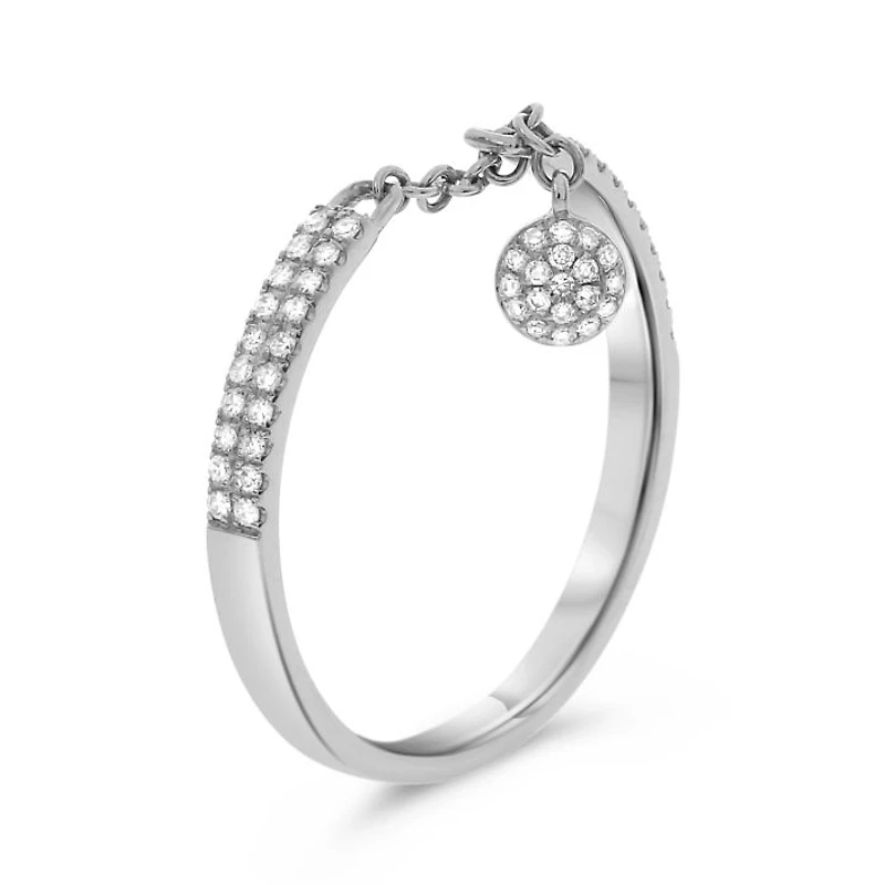 14K White, Yellow or Rose Gold 0.14cttw Diamond Chain Ring with Dangle - 14K White Gold