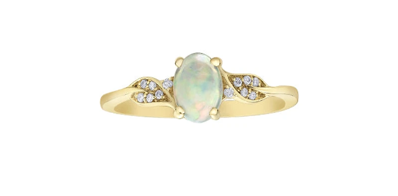 10K Yellow Gold 7mm x 5mm Opal and 0.04cttw Diamond Ring - Size 6.5