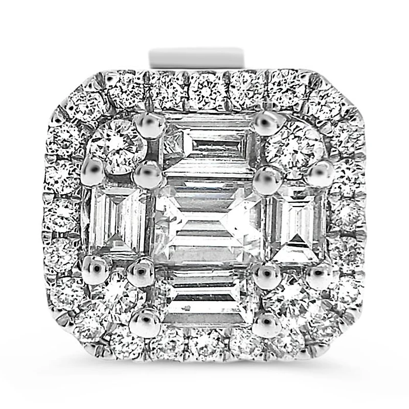 14K White Gold 0.57cttw Diamond Halo Illusion Set Baguette Cut and Round Brilliant Cut Stud Earring