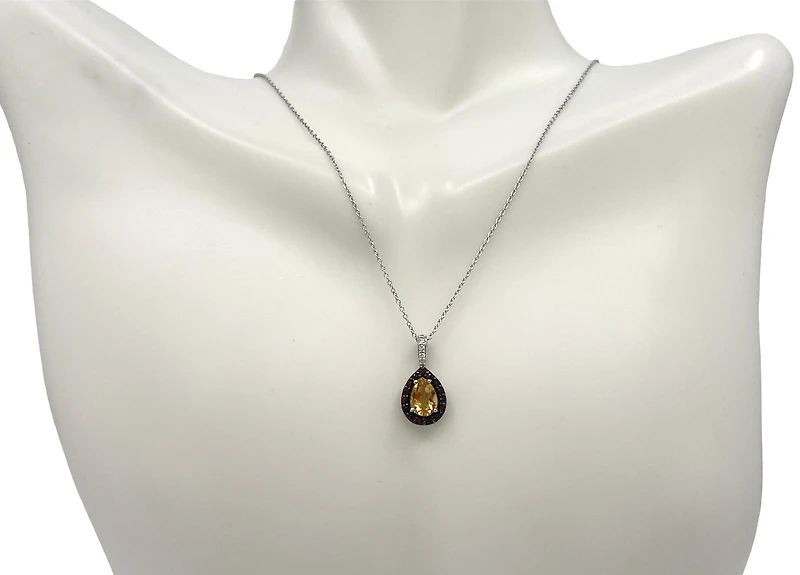 10K White Gold Citrine, Garnet & Diamond Pendant, 18"