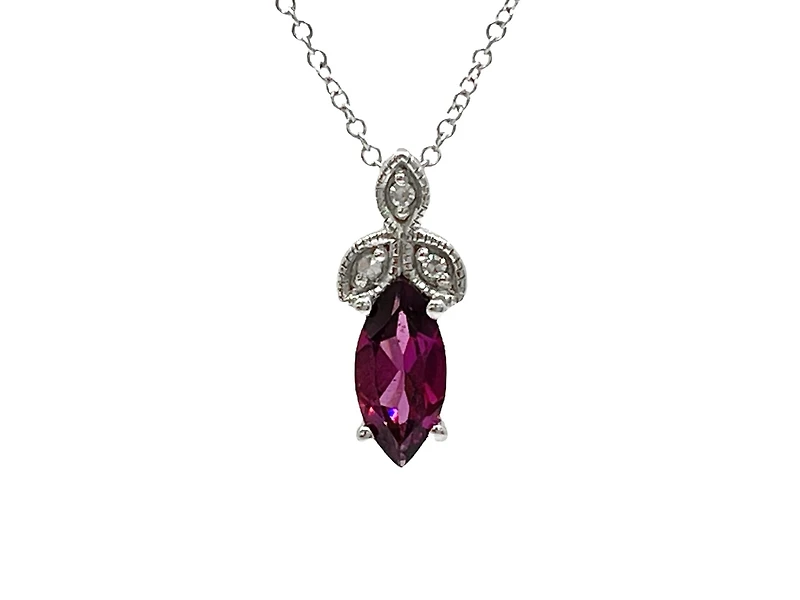 10K White Gold 8mm x 4mm Rhodalite Garnet and 0.02cttw Diamond Pendant with Rolo Chain - 18 Inches