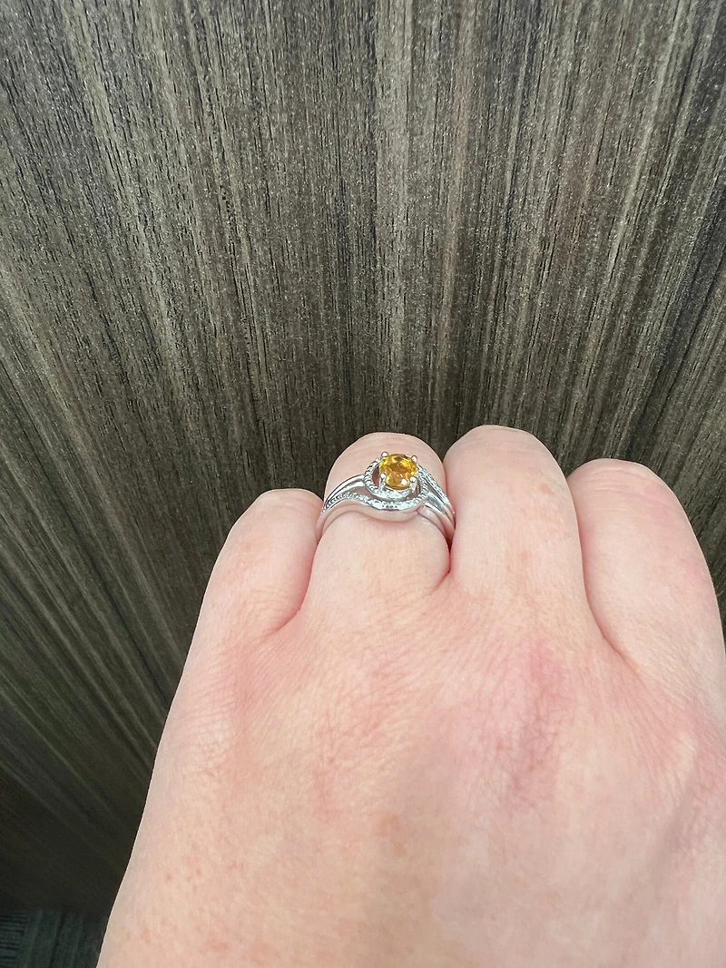 925 Sterling Silver Citrine & Diamond Ring - 4.5