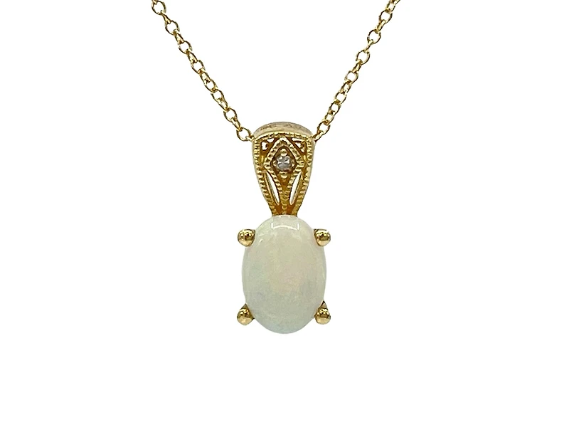 10K Yellow Gold Opal and Diamond Pendant, 18"