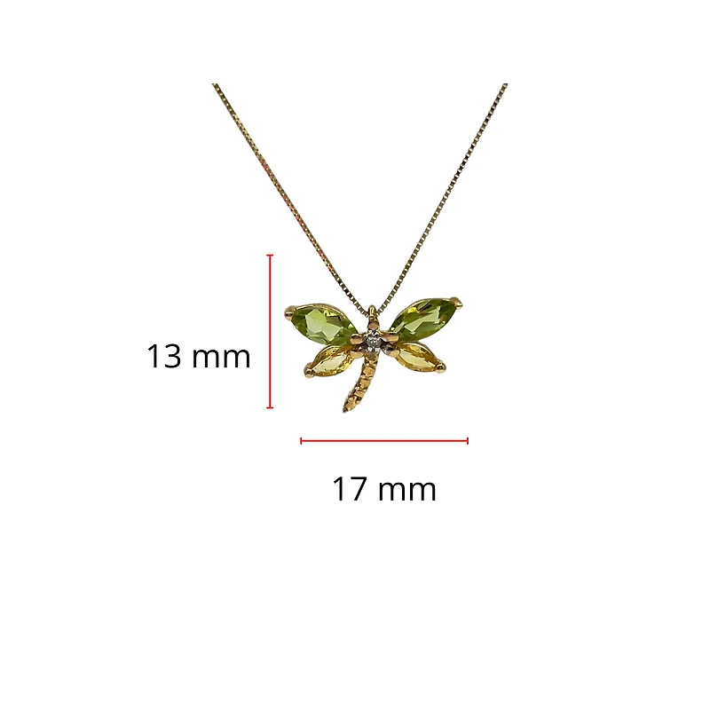 10K Yellow Gold Genuine Peridot, Genuine Yellow Sapphire and Diamond 0.01cttw Dragonfly Pendant, 18"