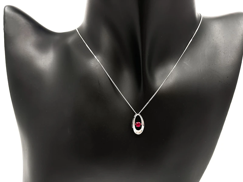 10K White Gold 0.12cttw Genuine Ruby & Diamond Pendant, 18"
