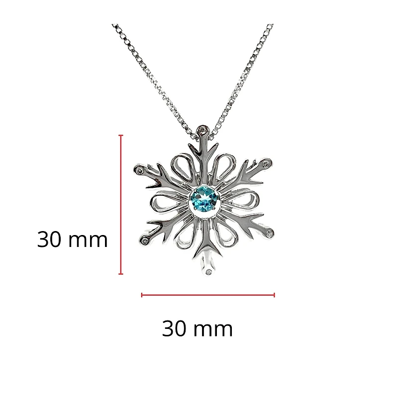 925 Sterling Silver 3.5mm Blue Topaz and 0.018cttw Diamond Snowflake Pulse Pendant - 18"