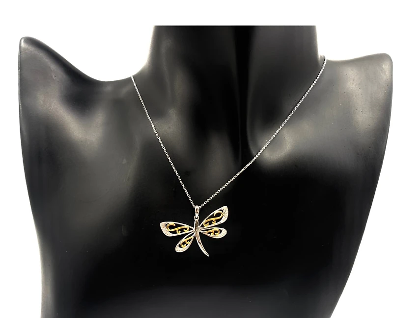 10K 2 Tone 0.02cttw Diamond Dragonfly Pendant, 18"