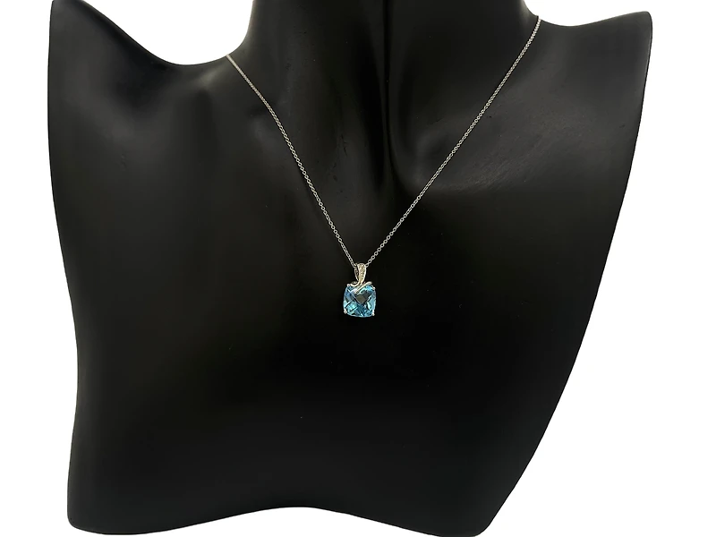 10K White Gold Blue Topaz and Diamond Pendant, 18"