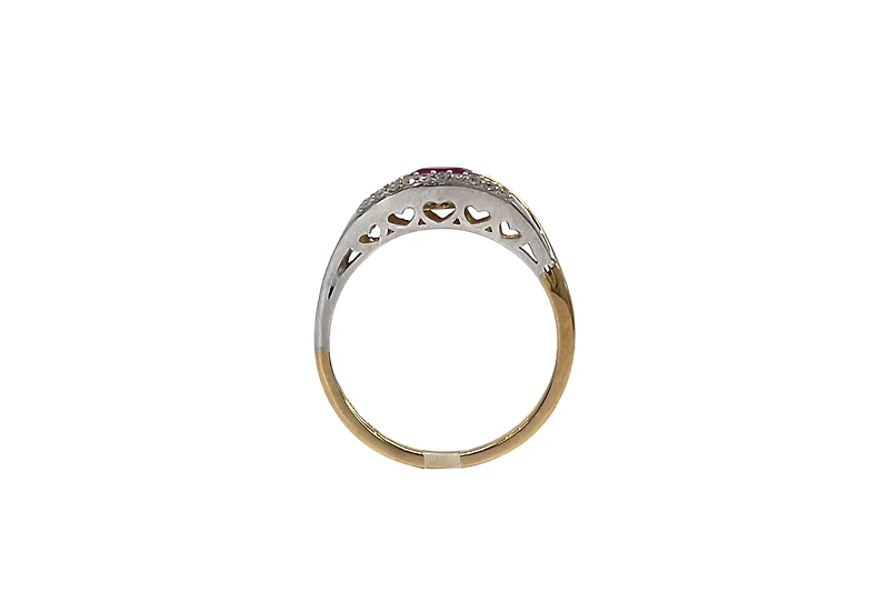 10K Two Tone Yellow and White Gold 6mm x 4mm Ruby and 0.05cttw Diamond Ring