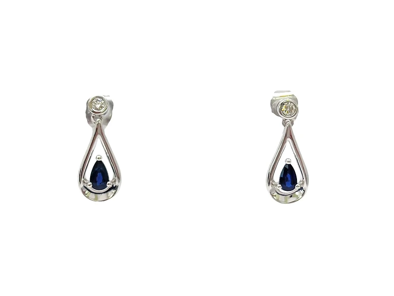 10K White Gold 0.70cttw Genuine Sapphire and 0.08cttw Diamond Dangle Earrings