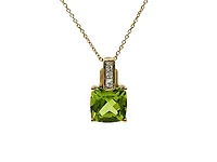 10K Yellow Gold 7mm Cushion Cut Peridot and 0.026cttw Diamond Pendant, 18"